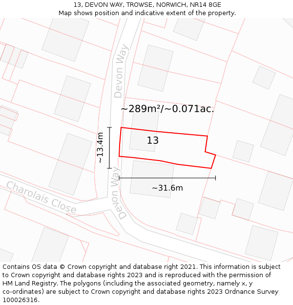 13, DEVON WAY, TROWSE, NORWICH, NR14 8GE: Plot and title map