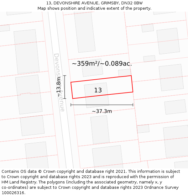 13, DEVONSHIRE AVENUE, GRIMSBY, DN32 0BW: Plot and title map