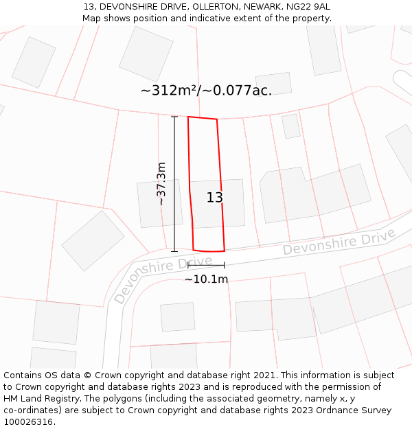 13, DEVONSHIRE DRIVE, OLLERTON, NEWARK, NG22 9AL: Plot and title map