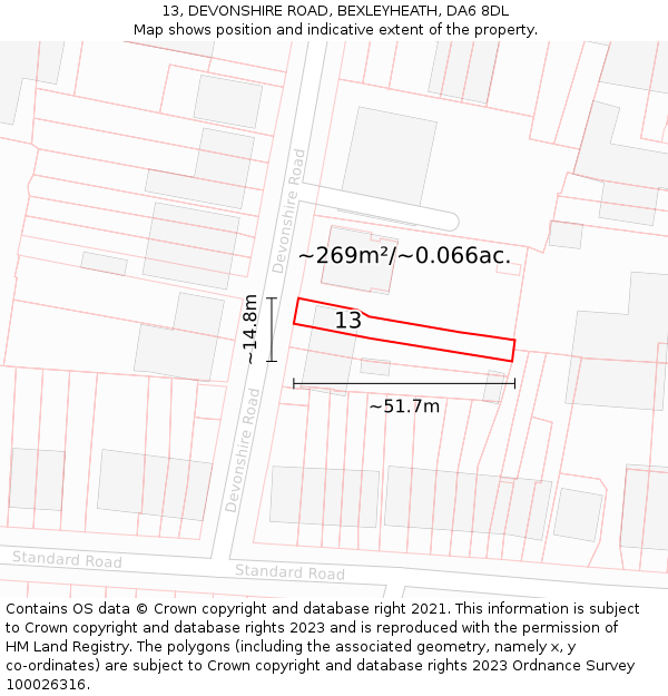 13, DEVONSHIRE ROAD, BEXLEYHEATH, DA6 8DL: Plot and title map