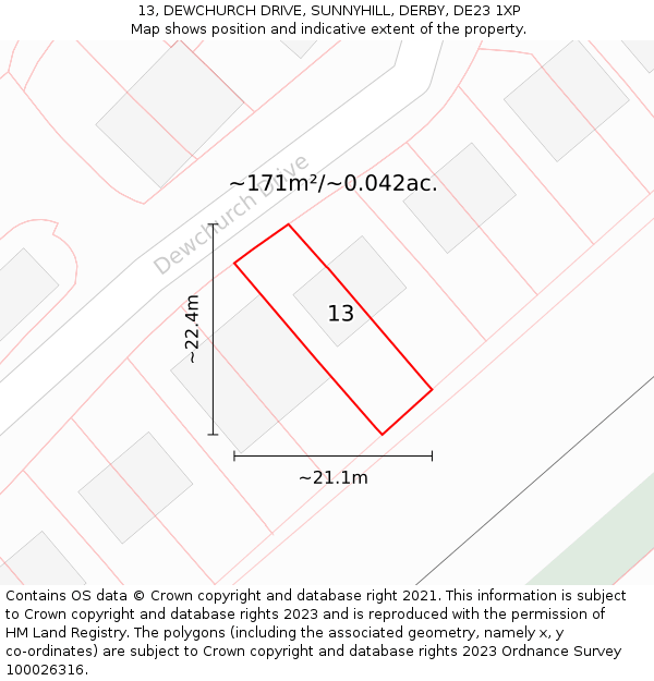 13, DEWCHURCH DRIVE, SUNNYHILL, DERBY, DE23 1XP: Plot and title map