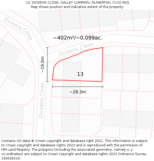 13, DICKENS CLOSE, GALLEY COMMON, NUNEATON, CV10 9SQ: Plot and title map