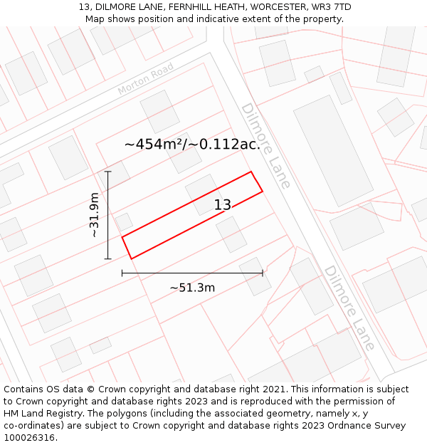 13, DILMORE LANE, FERNHILL HEATH, WORCESTER, WR3 7TD: Plot and title map
