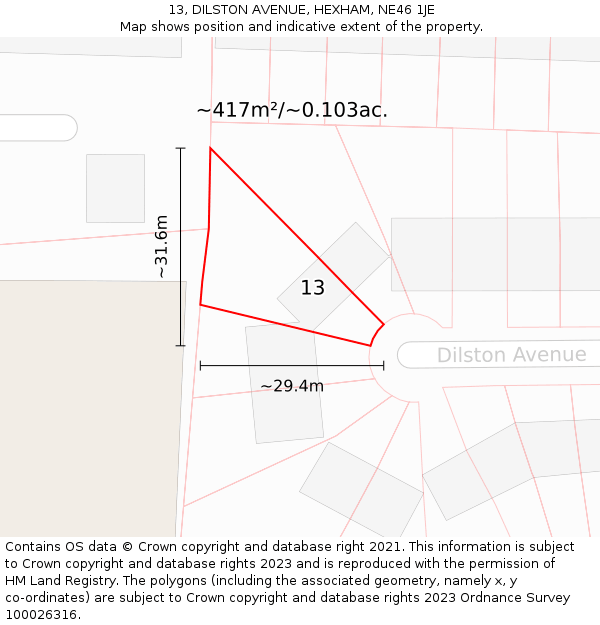 13, DILSTON AVENUE, HEXHAM, NE46 1JE: Plot and title map