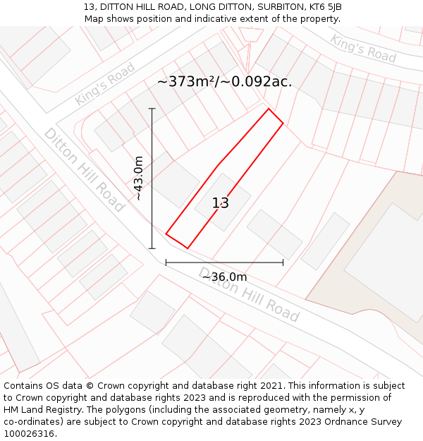 13, DITTON HILL ROAD, LONG DITTON, SURBITON, KT6 5JB: Plot and title map