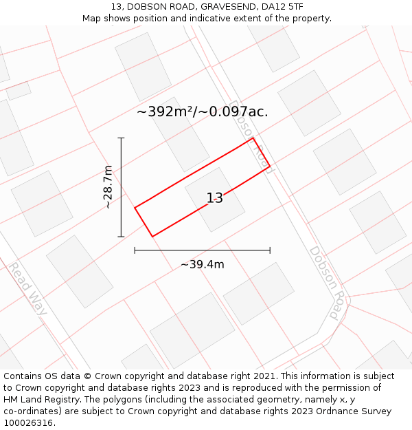 13, DOBSON ROAD, GRAVESEND, DA12 5TF: Plot and title map