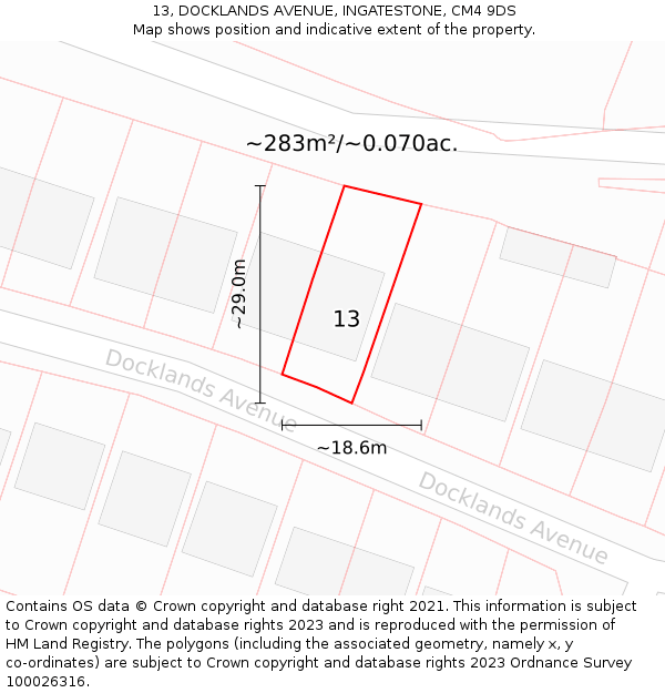 13, DOCKLANDS AVENUE, INGATESTONE, CM4 9DS: Plot and title map
