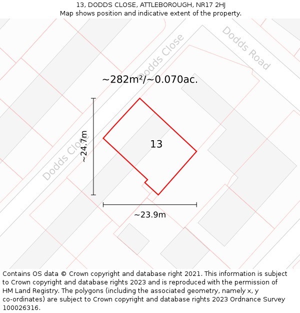 13, DODDS CLOSE, ATTLEBOROUGH, NR17 2HJ: Plot and title map