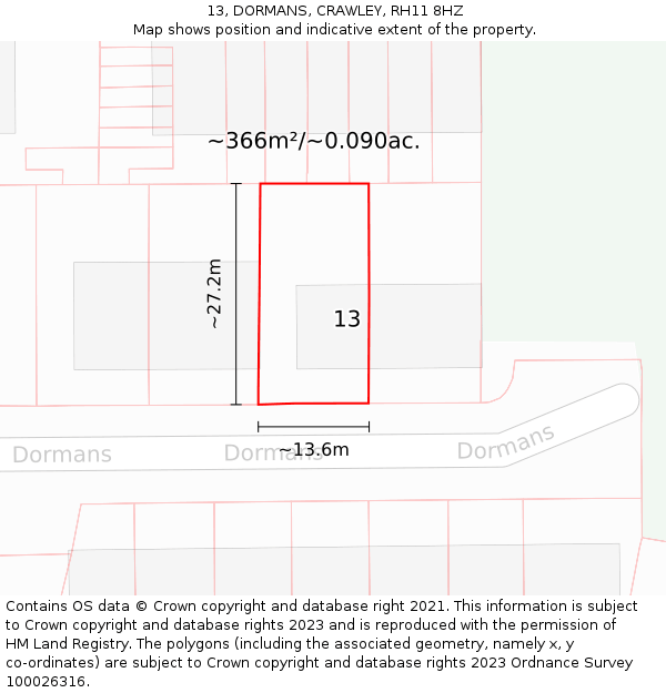 13, DORMANS, CRAWLEY, RH11 8HZ: Plot and title map