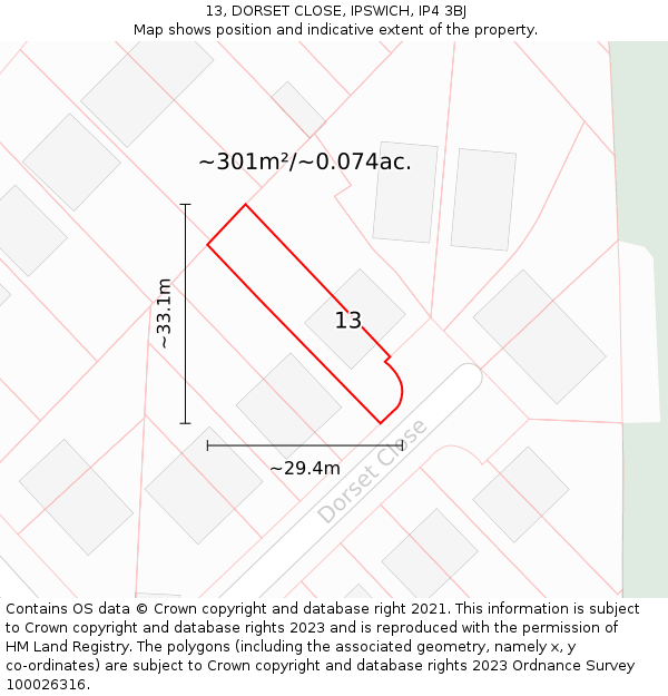 13, DORSET CLOSE, IPSWICH, IP4 3BJ: Plot and title map