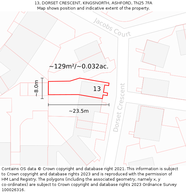 13, DORSET CRESCENT, KINGSNORTH, ASHFORD, TN25 7FA: Plot and title map