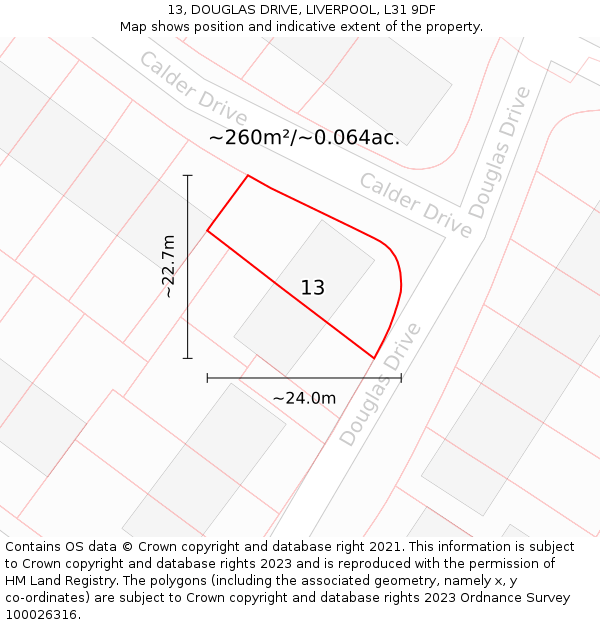 13, DOUGLAS DRIVE, LIVERPOOL, L31 9DF: Plot and title map