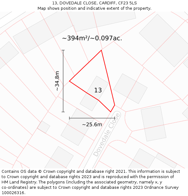 13, DOVEDALE CLOSE, CARDIFF, CF23 5LS: Plot and title map