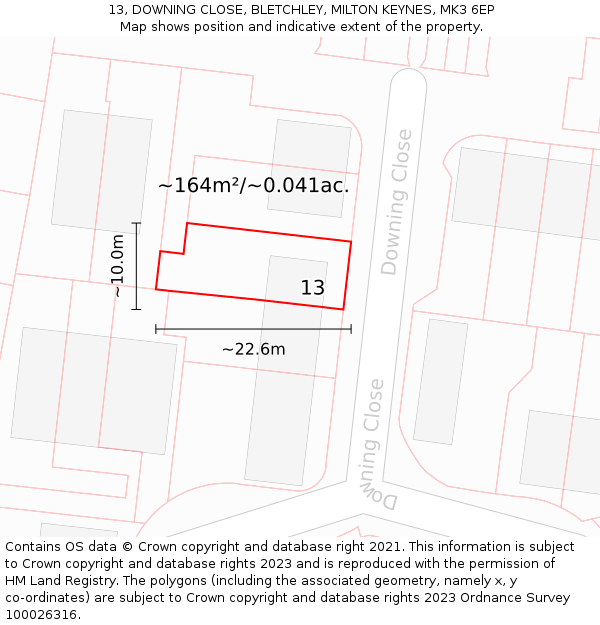 13, DOWNING CLOSE, BLETCHLEY, MILTON KEYNES, MK3 6EP: Plot and title map