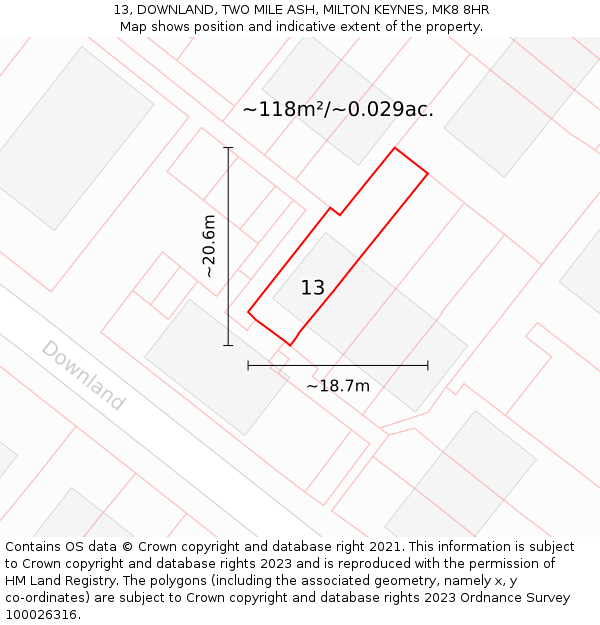13, DOWNLAND, TWO MILE ASH, MILTON KEYNES, MK8 8HR: Plot and title map