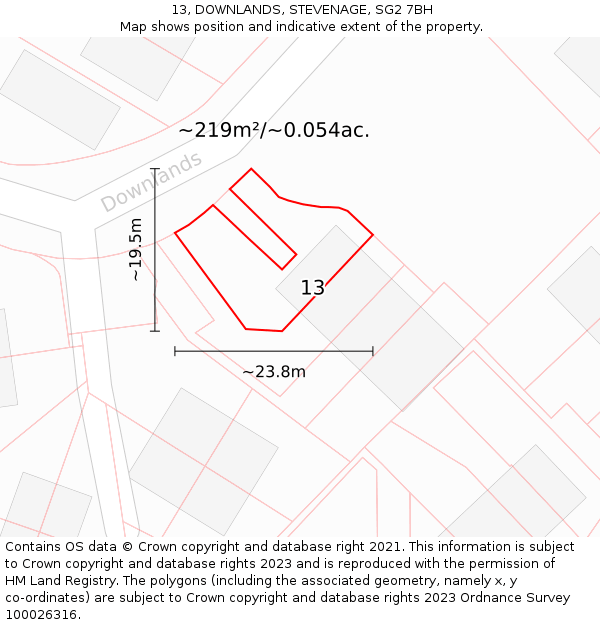 13, DOWNLANDS, STEVENAGE, SG2 7BH: Plot and title map