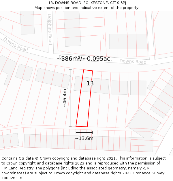 13, DOWNS ROAD, FOLKESTONE, CT19 5PJ: Plot and title map
