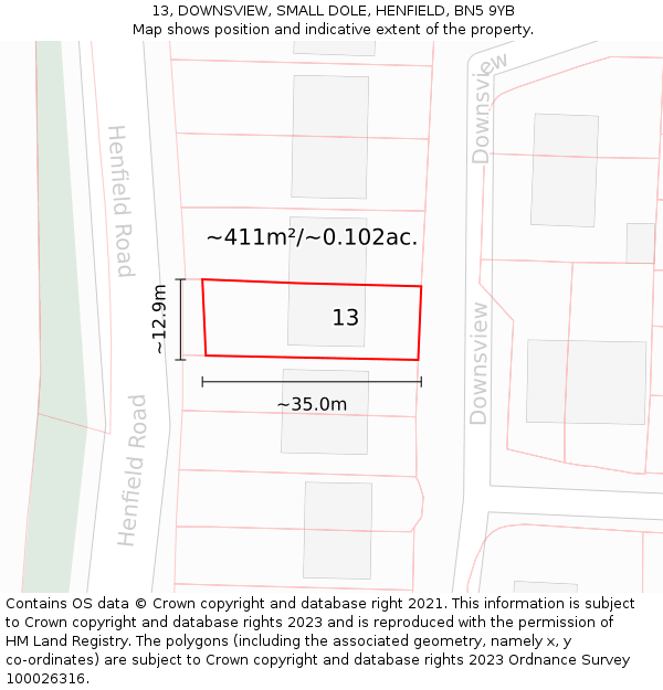 13, DOWNSVIEW, SMALL DOLE, HENFIELD, BN5 9YB: Plot and title map