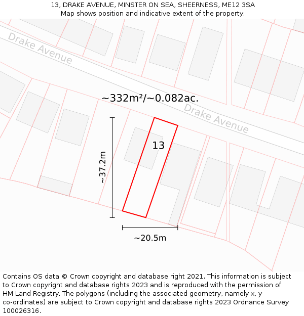 13, DRAKE AVENUE, MINSTER ON SEA, SHEERNESS, ME12 3SA: Plot and title map