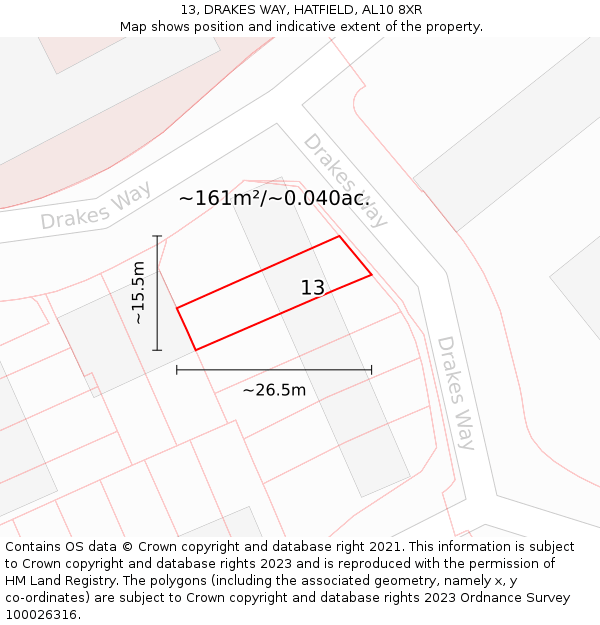 13, DRAKES WAY, HATFIELD, AL10 8XR: Plot and title map