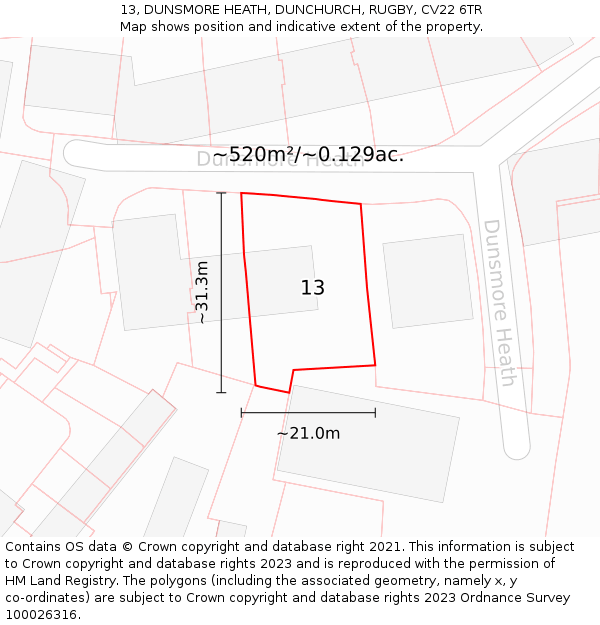 13, DUNSMORE HEATH, DUNCHURCH, RUGBY, CV22 6TR: Plot and title map
