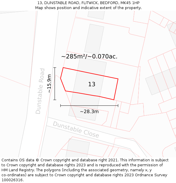 13, DUNSTABLE ROAD, FLITWICK, BEDFORD, MK45 1HP: Plot and title map