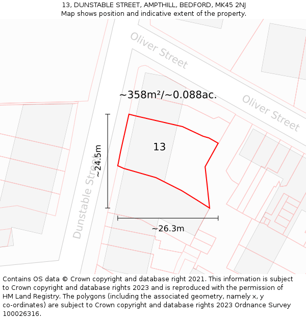 13, DUNSTABLE STREET, AMPTHILL, BEDFORD, MK45 2NJ: Plot and title map