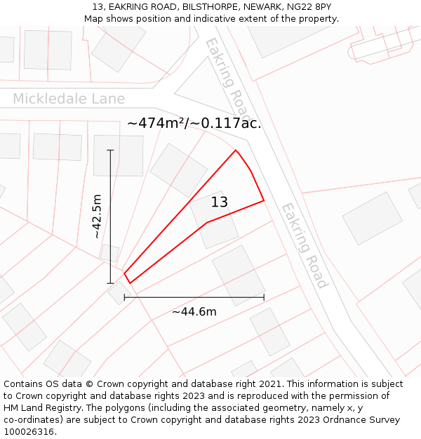 13, EAKRING ROAD, BILSTHORPE, NEWARK, NG22 8PY: Plot and title map