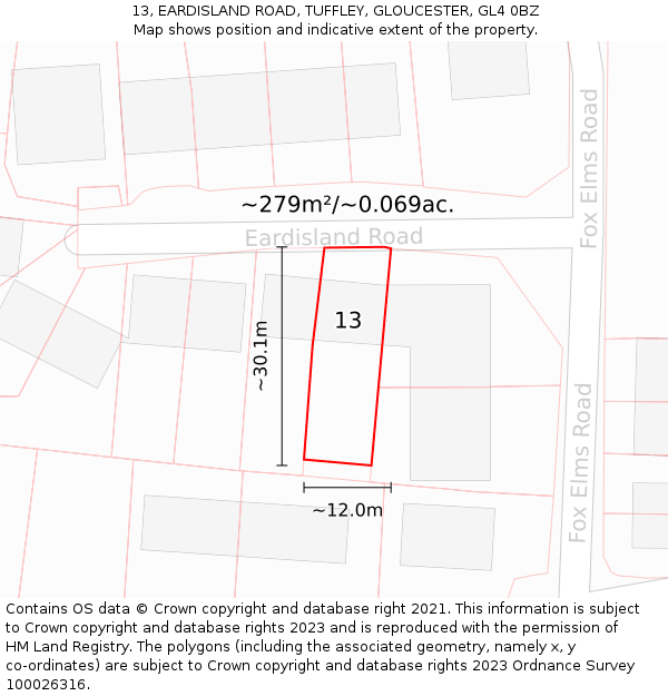 13, EARDISLAND ROAD, TUFFLEY, GLOUCESTER, GL4 0BZ: Plot and title map