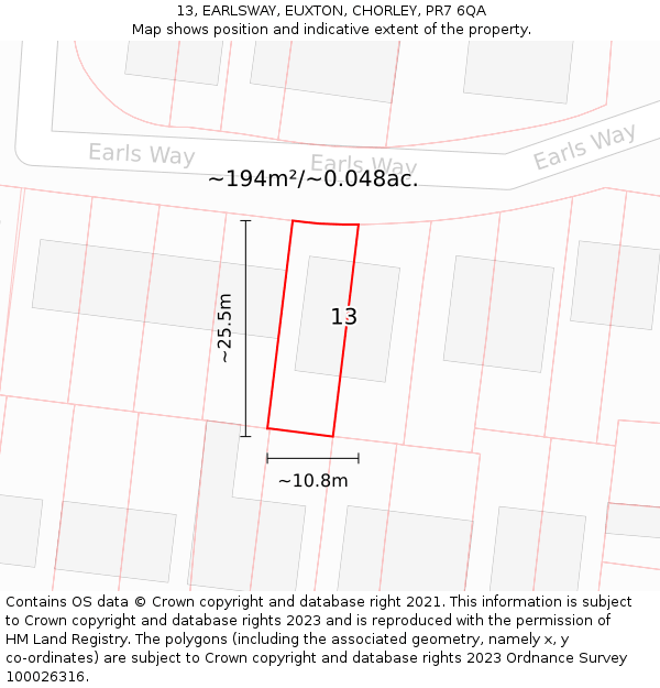 13, EARLSWAY, EUXTON, CHORLEY, PR7 6QA: Plot and title map