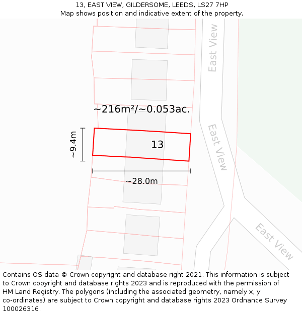 13, EAST VIEW, GILDERSOME, LEEDS, LS27 7HP: Plot and title map