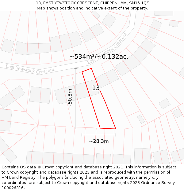 13, EAST YEWSTOCK CRESCENT, CHIPPENHAM, SN15 1QS: Plot and title map
