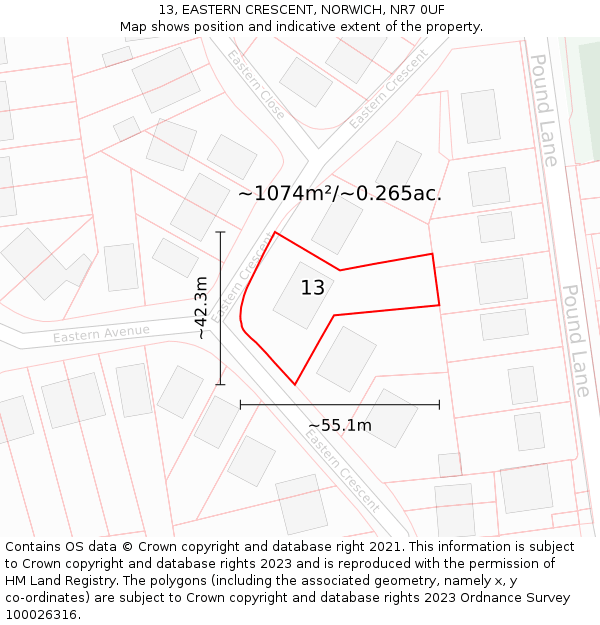 13, EASTERN CRESCENT, NORWICH, NR7 0UF: Plot and title map