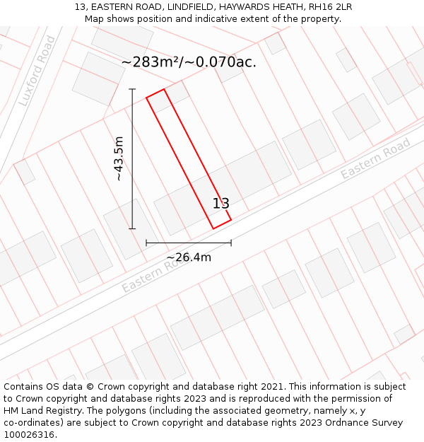 13, EASTERN ROAD, LINDFIELD, HAYWARDS HEATH, RH16 2LR: Plot and title map