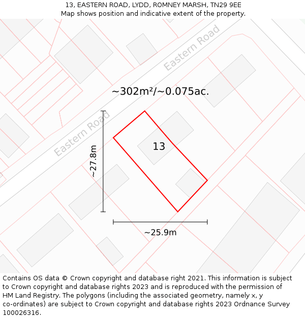 13, EASTERN ROAD, LYDD, ROMNEY MARSH, TN29 9EE: Plot and title map