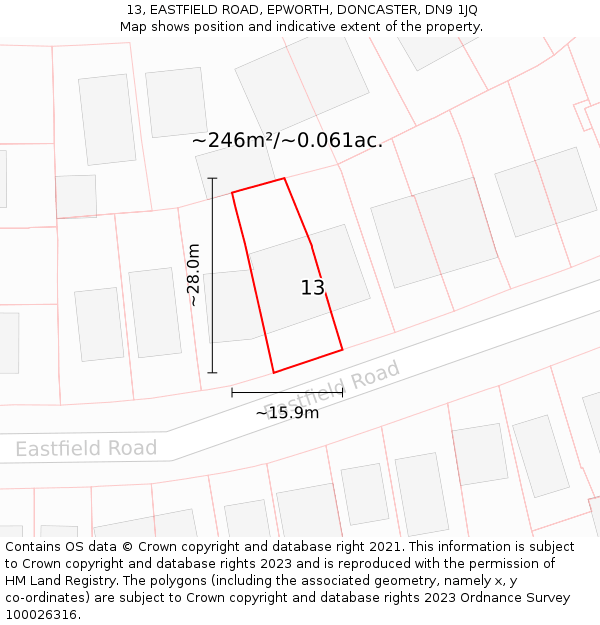 13, EASTFIELD ROAD, EPWORTH, DONCASTER, DN9 1JQ: Plot and title map