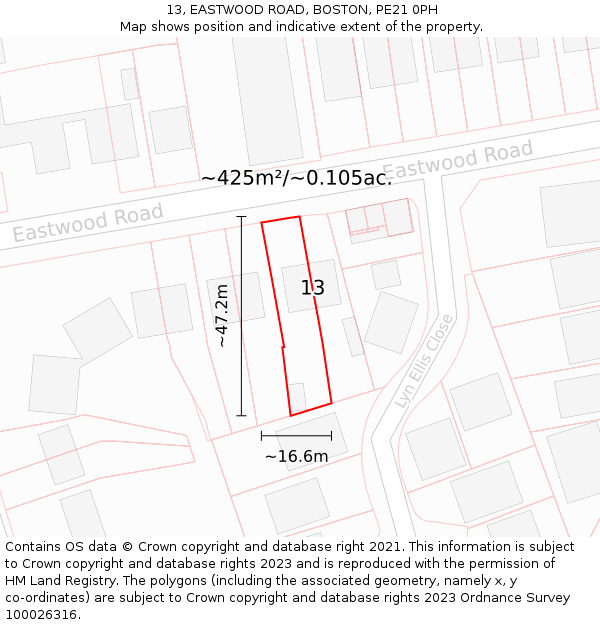 13, EASTWOOD ROAD, BOSTON, PE21 0PH: Plot and title map