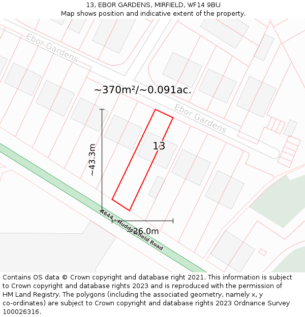 13, EBOR GARDENS, MIRFIELD, WF14 9BU: Plot and title map