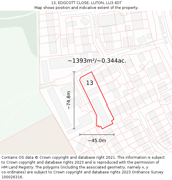 13, EDGCOTT CLOSE, LUTON, LU3 4DT: Plot and title map