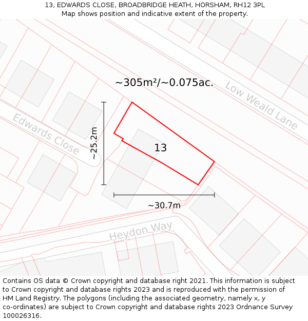 13, EDWARDS CLOSE, BROADBRIDGE HEATH, HORSHAM, RH12 3PL: Plot and title map