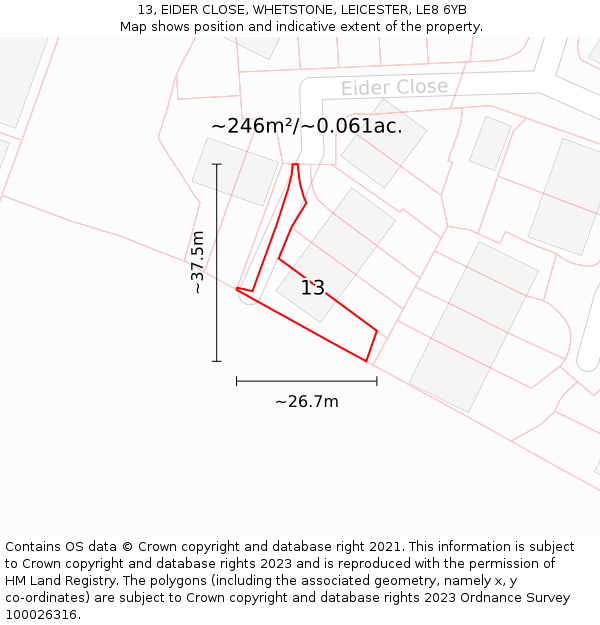 13, EIDER CLOSE, WHETSTONE, LEICESTER, LE8 6YB: Plot and title map