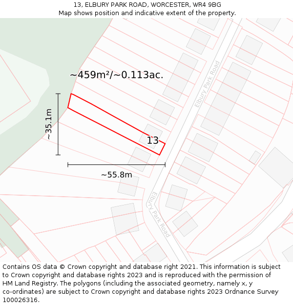 13, ELBURY PARK ROAD, WORCESTER, WR4 9BG: Plot and title map