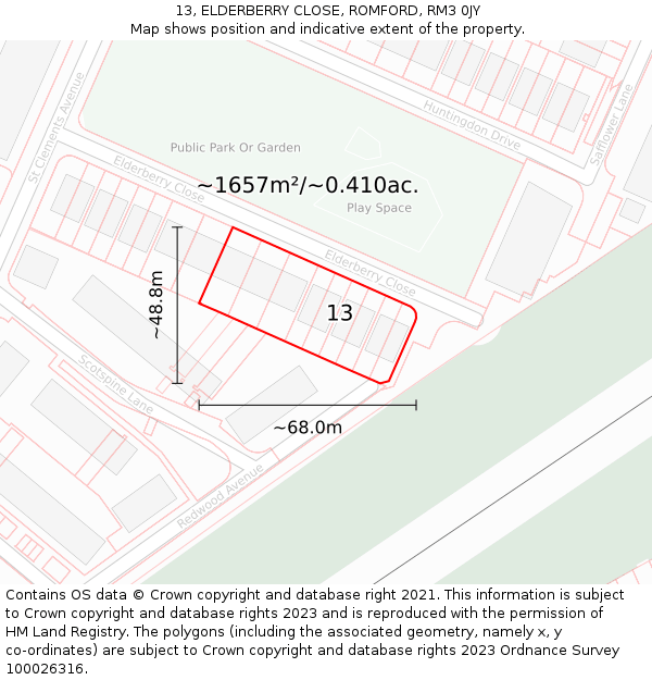13, ELDERBERRY CLOSE, ROMFORD, RM3 0JY: Plot and title map
