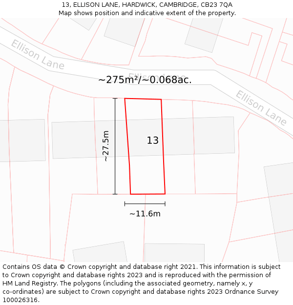 13, ELLISON LANE, HARDWICK, CAMBRIDGE, CB23 7QA: Plot and title map