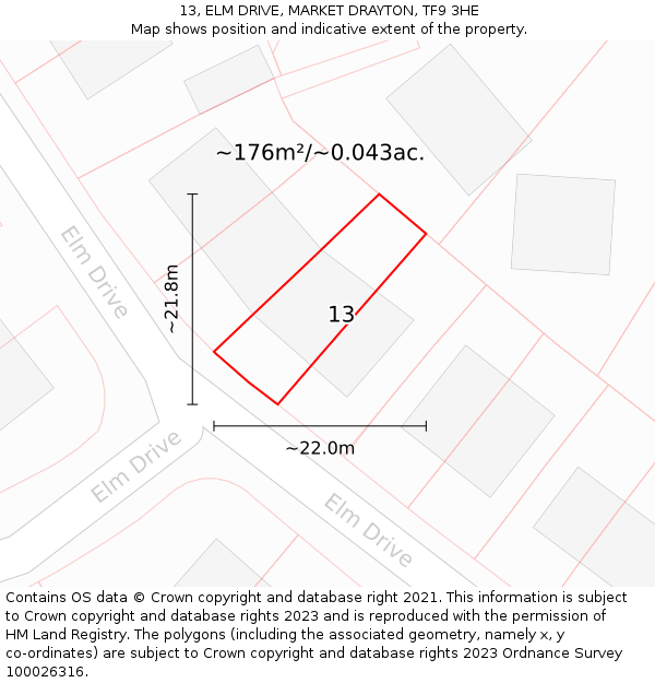 13, ELM DRIVE, MARKET DRAYTON, TF9 3HE: Plot and title map