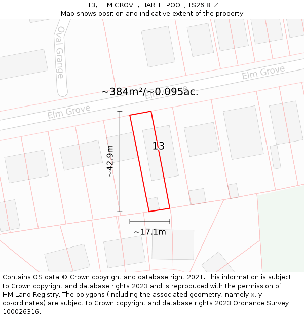 13, ELM GROVE, HARTLEPOOL, TS26 8LZ: Plot and title map
