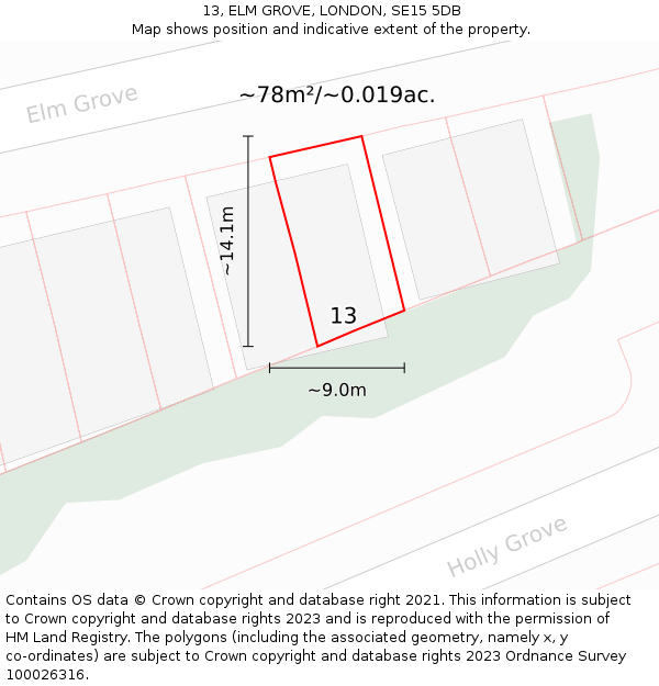 13, ELM GROVE, LONDON, SE15 5DB: Plot and title map