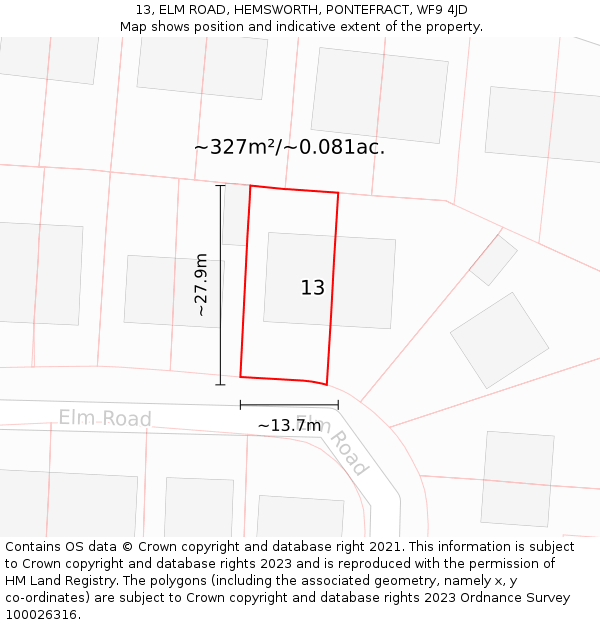 13, ELM ROAD, HEMSWORTH, PONTEFRACT, WF9 4JD: Plot and title map