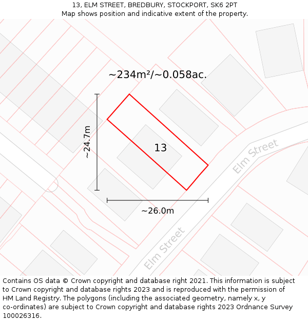 13, ELM STREET, BREDBURY, STOCKPORT, SK6 2PT: Plot and title map