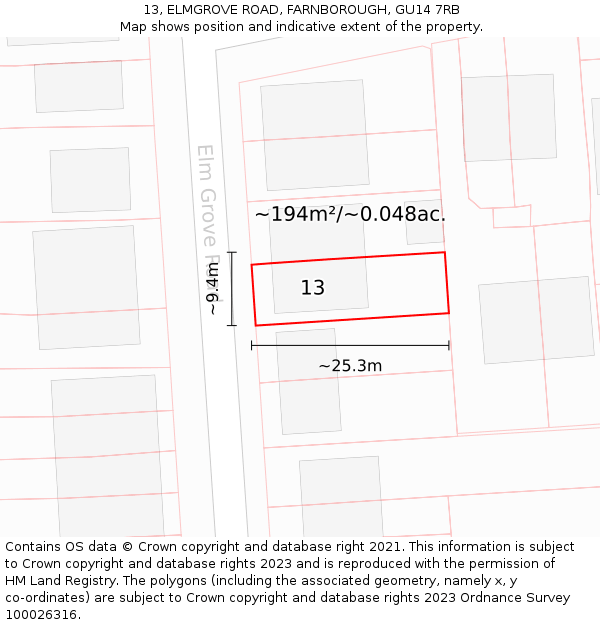 13, ELMGROVE ROAD, FARNBOROUGH, GU14 7RB: Plot and title map